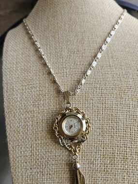 Elegant Two-Tone Gold Pendant Watch Necklace - Women Jewelry